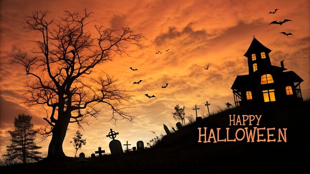 Haunted House and Graveyard at Sunset with Happy Halloween Message