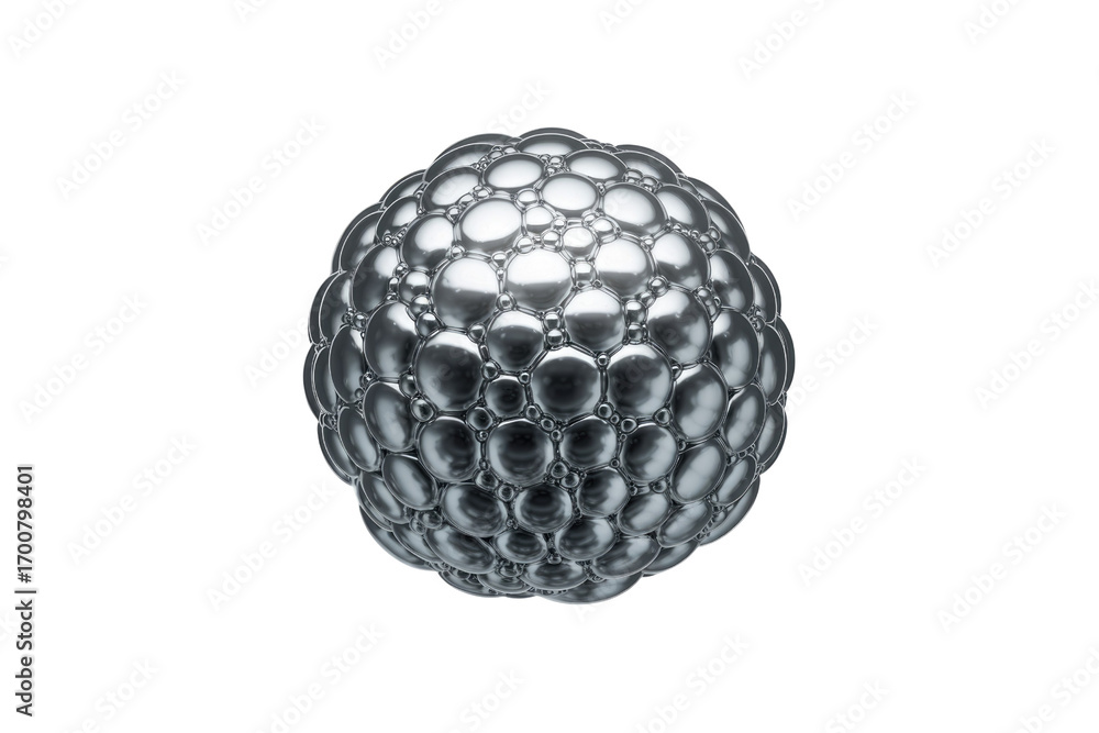 Poster a spherical structure composed of numerous interconnected metallic bubbles on a transparent backgrou