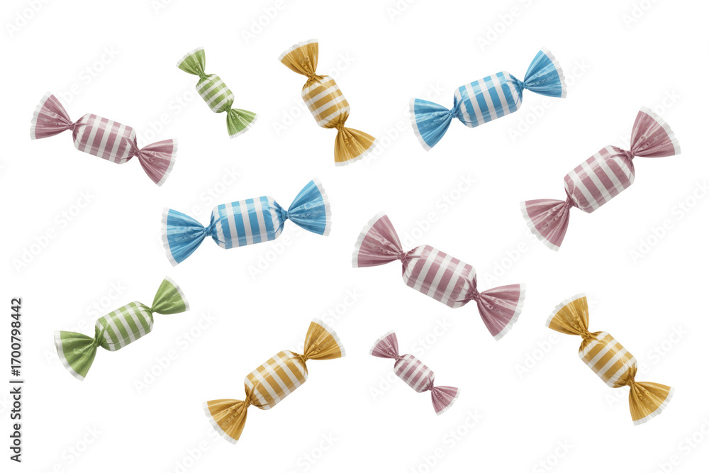 Poster assorted striped candies in colorful wrappers isolated on transparent background. background removed