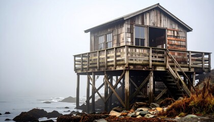 Rustic wooden coastal cabin on rocky shore with foggy day.
