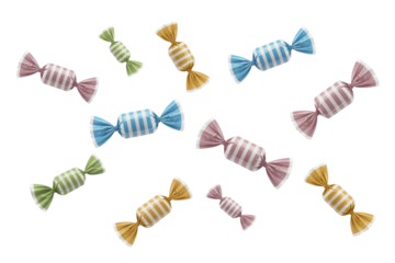 Assorted striped candies in colorful wrappers isolated on transparent background. background removed