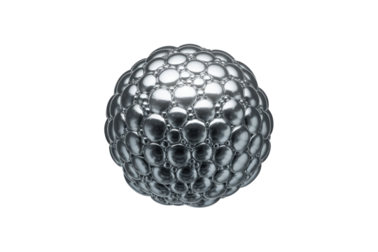 A spherical structure composed of numerous interconnected metallic bubbles on a transparent background. background removed