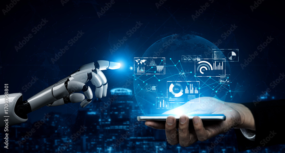 Poster ai artificial intelligence drives data analytics with predictive models, smart dashboards, and virtu
