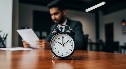 Businessman reviewing documents with an alarm clock on a wooden desk