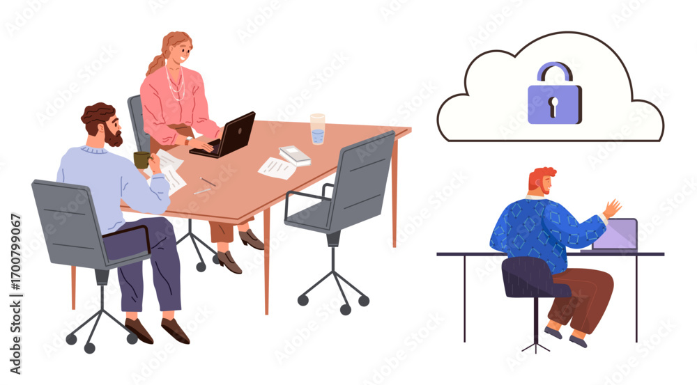 Poster team discussing tasks around a desk with laptops and documents, individual working on cloud security