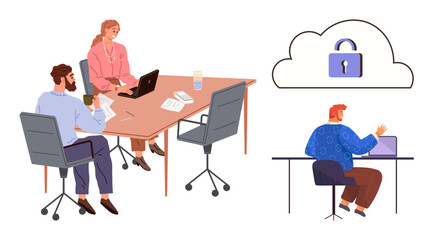 Team discussing tasks around a desk with laptops and documents, individual working on cloud security. Ideal for teamwork, cybersecurity, remote work, IT services, cloud computing, data protection