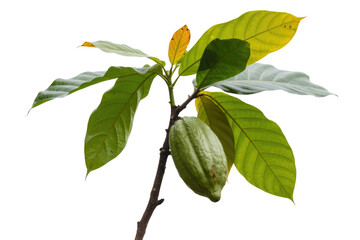 A young cacao plant with a single, immature green pod growing on a branch, isolated on a transparent background. background removed