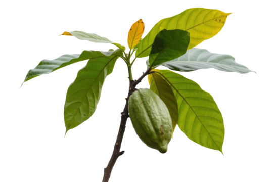 A young cacao plant with a single, immature green pod growing on a branch, isolated on a transparent background. background removed