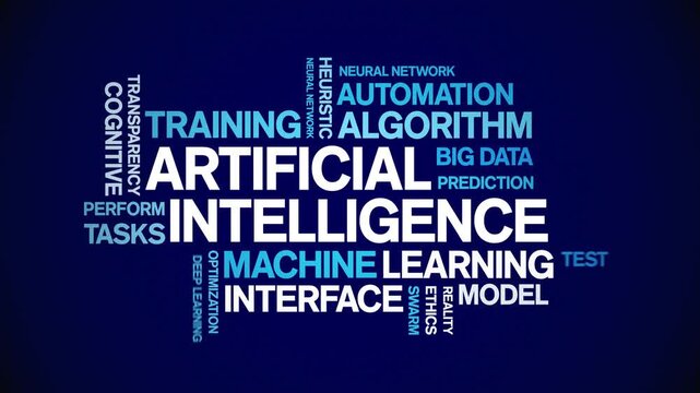 Artificial intelligence animated word cloud-text design animation tag kinetic typography seamless loop.