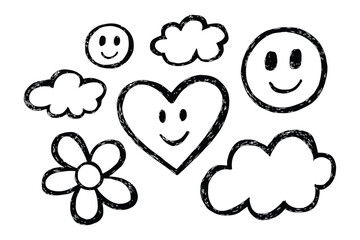 Hand Drawn Smiley Faces Heart Flower and Clouds doodle. Clouds and smile heart