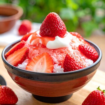 A bowl of shaved ice dessert topped with strawberries and whipped cream