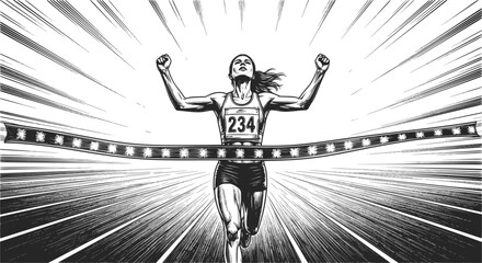 Woman runner crossing the finish line. Silhouette of athletic looking female runner running. EPS version.