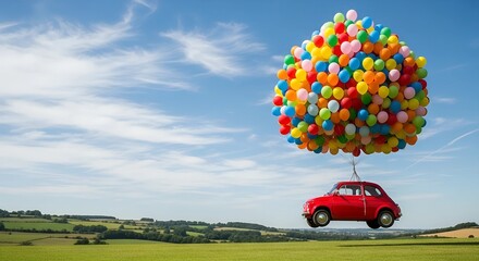 Red small car lifted by many colorful balloons floats over a green field. Concept of happy journey and adventure by road.
