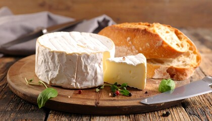 A round wheel of camembert cheese sits beside sliced bread on a rustic wooden board, showcasing a delicious food presentation.