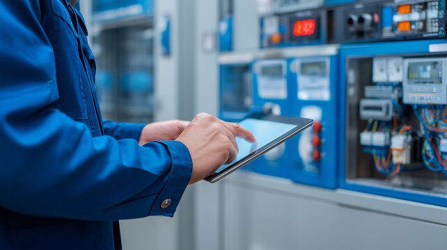 Industrial engineer using a tablet to monitor control cabinets, representing smart factory maintenance and data driven operations.
