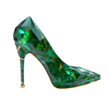 A high heel shoe made of emerald green crystal, isolated on transparent background