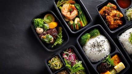 office food delivery takeout lunch boxes containers delivered in office on black table workplace ready take away snack daily healthy meal dinner at work desk flat lay desktop top view copy space no l