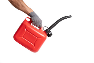 Hand holding canister gasoline on white background, isolated.