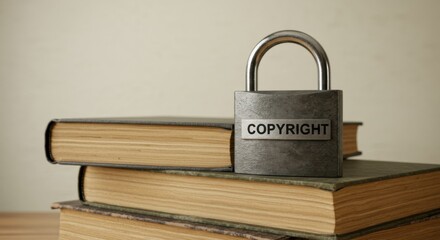 Security padlock with copyright word over stacked books.