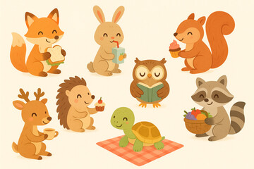 Playful forest animals picnic icon set, stylized vector illustration
