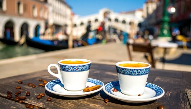 Two espresso cups on a wooden table in Venice