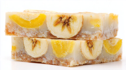Protein bar with banana flavor, yellow tones in the filling, isolated on clean white background

