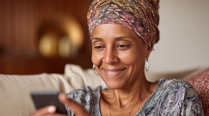 smiling middle aged african woman with traditional head turban sitting on couch at home using smartphone beautiful african american woman with typical headscarf scrolling through internet on phone no