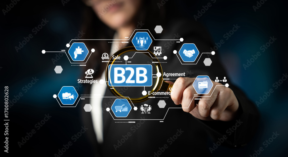 Poster abstract visualization of business-to-business concepts using digital elements and technology, highl