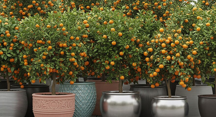 Several potted citrus trees laden with ripe orange fruit, showcasing vibrant foliage.