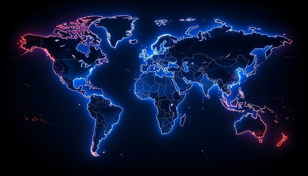 Illuminated world map, outlined in glowing blue and red against a black background, showcasing continents and borders