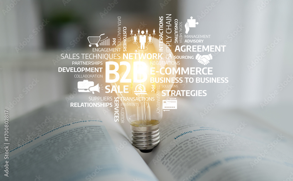Poster a captivating image featuring a light bulb surrounded by business concepts, symbolizing innovation a