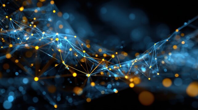 abstract blue digital network with glowing yellow nodes and lines technology