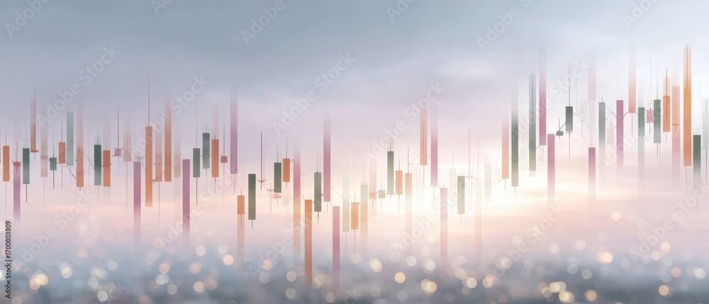 Poster realistic forex chart with indicators and arrows displayed against a soft pink sky background