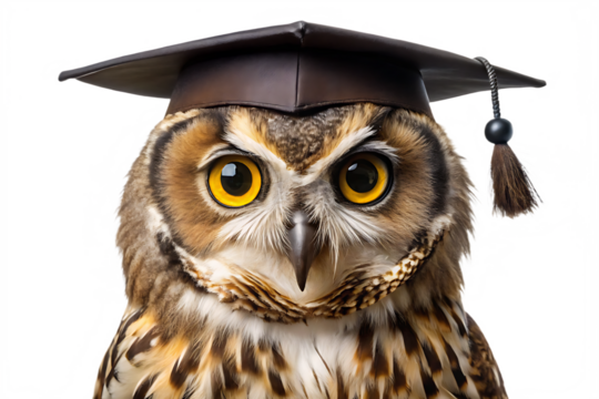 Wise owl wearing graduation cap isolated on a transparent background
