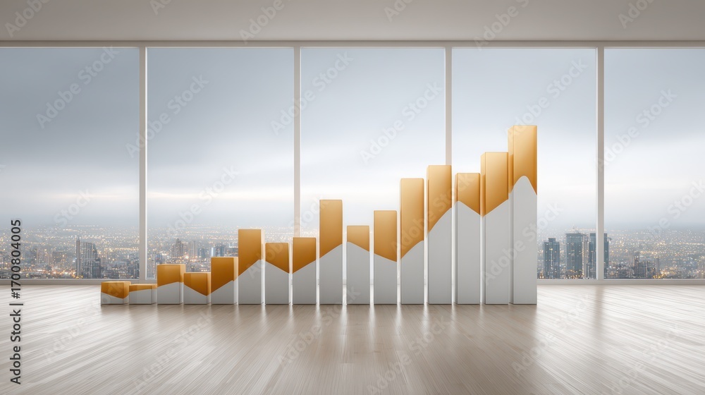 Poster hyper-realistic forex chart showcasing upward trend indicators with arrows in modern office setting 