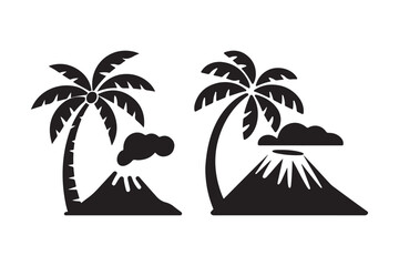 Tropical volcano island with palm trees silhouette
