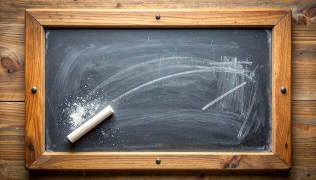 Chalkboard with a wooden frame and chalk on a rustic table.