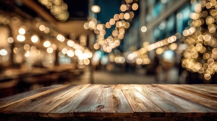 Premium photo of cozy Wooden Table with Festive Bokeh Lights on Blurred Restaurant Background.
