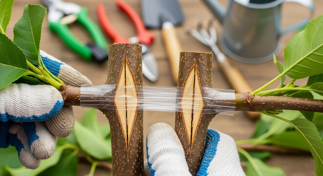 Gardener's hands carefully grafting a fruit tree branch in the spring