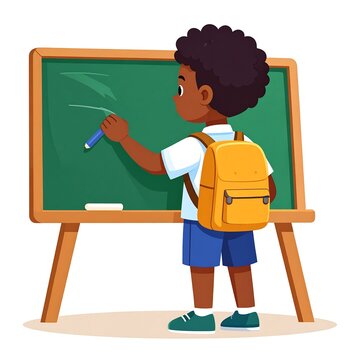 A boy writing on a chalkboard