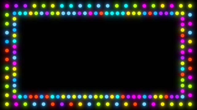 	
4K String of colorful light bulbs. Looping Christmas holiday themed frame pattern. flashing round lights bokeh, frame. New year, christmas holiday, festival, Anniversary, Celebration, Happy Birthday