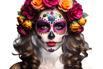 Woman sugar skull makeup floral crown isolated on a transparent background