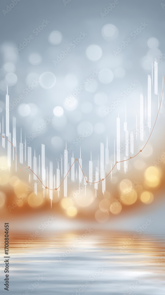 Poster realistic forex chart with indicators and arrows on a reflective surface featuring soft bokeh backgr