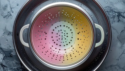 Colander with a rainbow iridescent finish in a metal bowl. Top down view of colorful kitchenware on a textured surface.