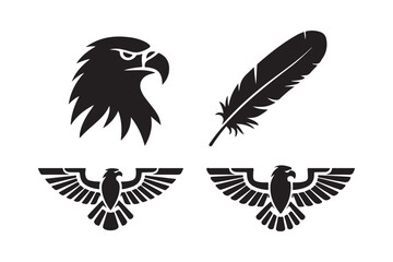 Black eagle head feather and wings silhouette icons