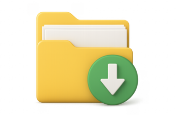 Downloading files from folder with documents inside, 3d render with transparent background