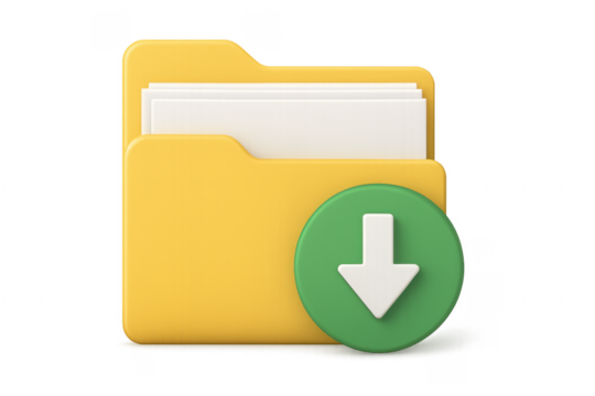 Downloading files from folder with documents inside, 3d render with transparent background