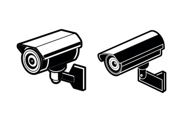 two security cameras shown in black and white silhouette