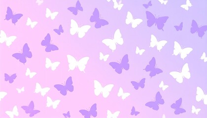 A delightful design features a repeating pattern of delicate purple and white butterfly silhouettes against a soft pastel pink and lavender ombre background.