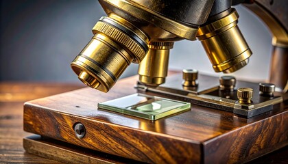 Microscope close-up of a vintage brass and wood scientific instrument. An old optical device for research and discovery on a wooden table.